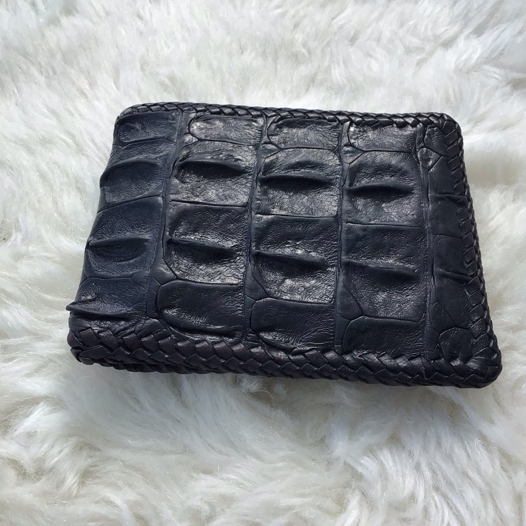 Handmade Genuine Crocodile Leather Bifold Wallet Braided Trim Excellent
